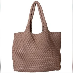 Taupe Woven Tote Bag With Matching Zipper Pouch